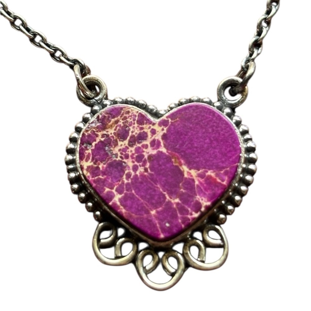 925 Sterling Silver And Sediment Jasper Heart Bar 18” Necklace